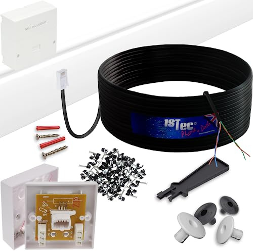 1STec 20m DIY BT Openreach Phone/ADSL Fibre Broadband Kit with Solid Core Twisted Pair Cable + Plug + 2/3a Surface Mount Wall Box + Grommets + Clips + Screws + Instructions (20 Metre, Black)