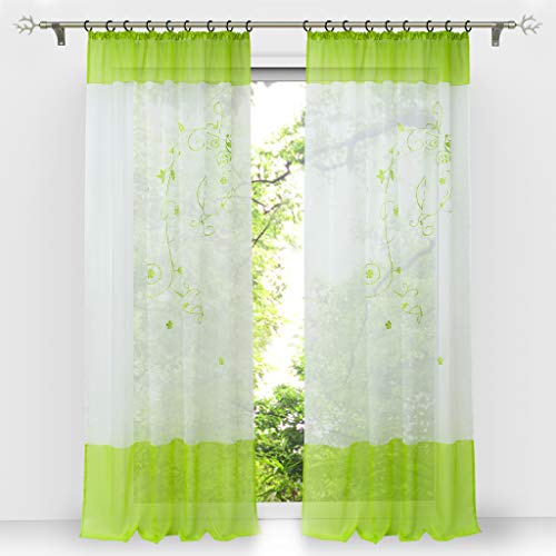 HongYa 1 Stück Bestickte Gardine Transparenter Voile Vorhang Fensterschal mit Kräuselband H/B 225/140 cm Grün
