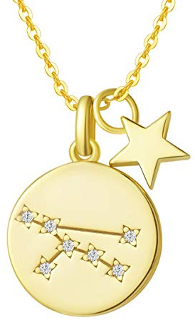 Sternzeichen Kette aus Solide 925 Sterling Silber mit Gold Vergoldet 15mm Durchmesser Anhänger Halskette Einfach Minimalistisch Geschenk Schmuck für Damen Mädchen - Verstellbar Kettenlänge: 40 + 5 cm
