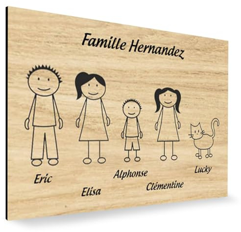 Plaque de maison Family personnalisée avec 5 membres pour boite aux lettres - Format 12x8 cm - Plaque Bois clair - Lettres noires