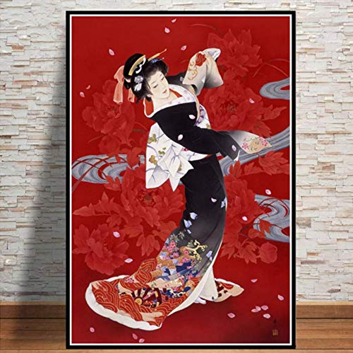 RUIYANMQ Leinwand Bild Malerei Kunst Poster Drucke Japanisch Japanisch Geisha Frau Kunst Ölgemälde Leinwand Wand Poster Für Wohnzimmer Wohnkultur Jz87K 40X60Cm Rahmenlos