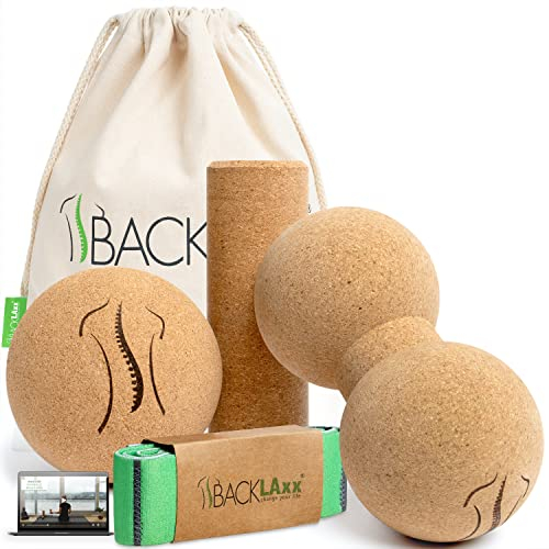 BACKLAXX ® Faszienrolle Set aus Kork – Faszienball und Massageball, Faszienrolle klein, Faszienrolle Fuß, Faszien Duoball - schadstofffrei, antibakteriell inkl. Videos – Faszien Set, Massage Set