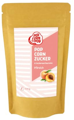 Popcornloop® Popcorn und Zuckerwatte Zucker PFIRSICH Aroma 500gr perfekt geeignet für Zuckerwatte und Popcorn zum zubereiten Zuhause Süßes Premium Zuckeraroma