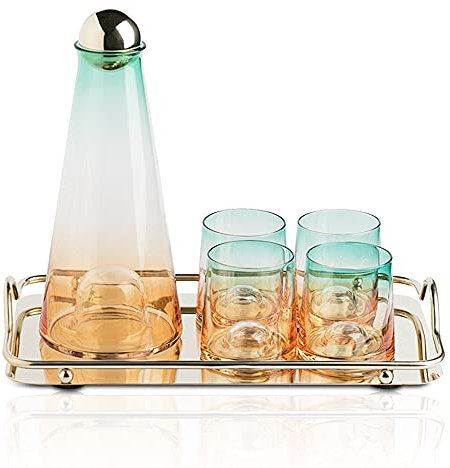 GTGX HK Wasserkrug 1.1L Glaskrug mit 4 Tassen, Gradientenfarbenkanne, Borosilikatglaswasserflasche, heißes und kühles Wasserkocher-Set