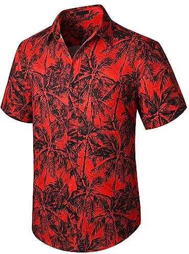 Enlision Funky Camicia Hawaiana da Uomo Maniche Corte Tasca Frontale Estivo Estate Spiaggia Palme Stampa Rosso Hawaii Camicia Altri Colori L