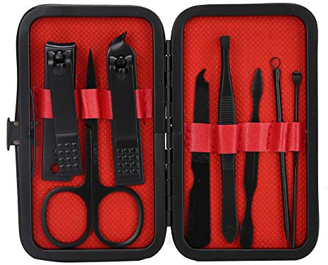 Set per manicure 8 pezzi, kit professionale per pedicure, strumento per tagliaunghie, kit per toelettatura in acciaio inox con custodia in pelle nera, forbici per sopracciglia, lima per unghie