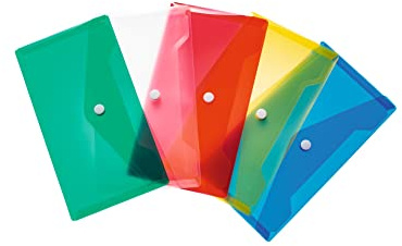 HERMA 20031 Dokumententaschen DIN lang transparent bunt, 5 Stück, kleine Sichttaschen Umschläge mit Druckknopf, Briefumschläge aus Plastik für Schule, Uni, Büro, Reise, weiß, gelb, grün, rot, blau