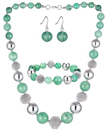 BULINLIN Chunky Beaded Silver Necklace Earrings Pearl Handmade Bracelet Set Statement Costume Fashion Jewellery Set Birthday Gifts for Women (48-Jade Green)