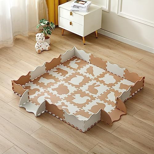 INTOMENG Tapis en Mousse pour BéBé EVA Foam Dalle Tapis Puzzle Jeu Bebe Epais 142x142x1cm Parc Animal Kaki et Blanc Ramper Pièces détachées Tapis de Sol Imperméable Cadeau Fête Naissance DD08