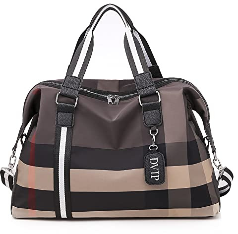 Vllcsla Reisetasche Sporttasche Damen Große, Weekender Damen Reisetasche mit Nassfach, Leichte Handgepäck Reisetasche Weekender Fitness Duffle Gym Bag, Karierte Muster, 48x20x33 CM, 32L (Braun)