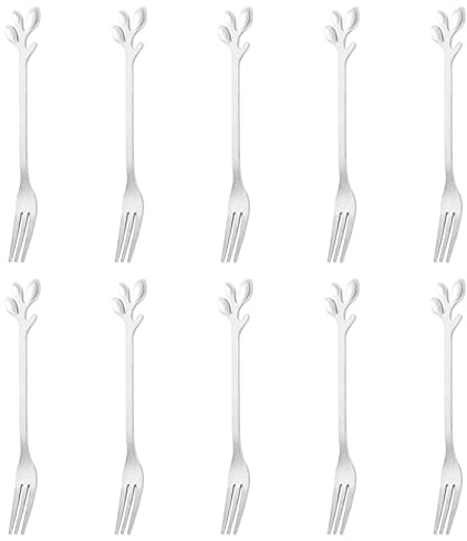 Husdeco Lot de 10 mini fourchettes en acier inoxydable pour apéritif, feuilles d'argent, fourchettes à cocktail, dessert, petites fourchettes à fruits, fourchettes à huîtres, cornichons, pour bocaux,
