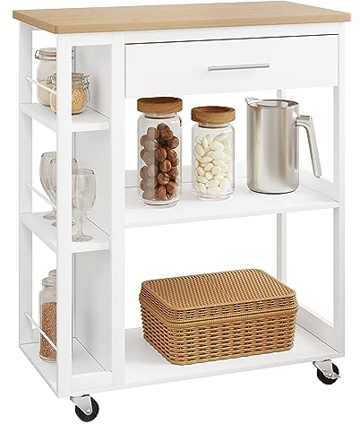 WOLTU Küchenwagen mit Arbeitsplatte, Servierwagen mit Rollen, Rollwagen mit Schublade, Küchenrollwagen mit Bremsen, 73x88x38 cm, aus MDF, Weiß Helle Eiche