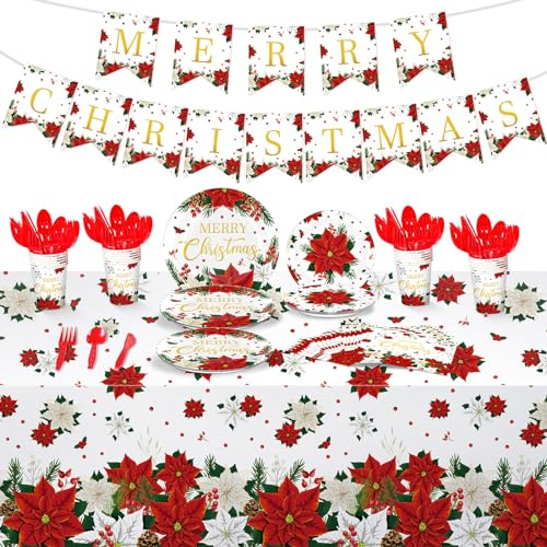 Layhit 172 Pcs Christmas Disposable Tableware Sets Xmas Poinsettia Flower Plates Tablecloth Cups Merry Christmas Dinnerware for Xmas Party Supplies Holiday Table Decorations, Serve 24