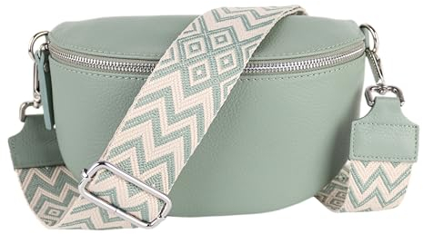 MIRROSI® Bauchtasche Damen, Echtleder, Made in Italy, Umhängetasche, Brusttasche, Crossbody Bag (1 Tasche & 2 Gurte) (Mint (Bohemian Mint Beige), Mittelgroße Tasche (25x16x7cm))