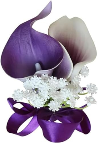 Fouriding Künstliche Lila Calla Lily Handgelenk Blumen für Hochzeit Bräutigam Trauzeuge Braut Brautjungfer Corsage Anzug für Hochzeit Party Prom Event Zeremonie Jahrestag