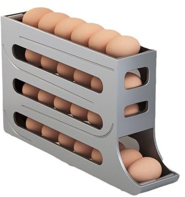 4 Tiers Egg Holder for Fridge, Egg Dispenser for Fridge Roll Down, Auto Rolling Fridge Egg Organizer, Space Saving Egg Fridge Egg Rack, 30 Eggs Large Capacity Egg Dispenser for Refrigerator (Grey)
