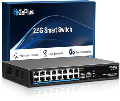 18 Port 2.5Gb Unmanaged Ethernet Switch with 16*2.5G Base-T Ports, 2*10G SFP+ Ports. GiGaPlus 2.5Gbps Network Switch for 2.5Gbps NAS/PC, Wireless AP, WiFi6 Router. Plug and Play, Fanless Design