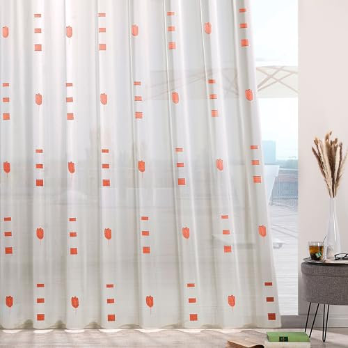 heimtexland ® Gardinen Store Web Scherli Smokband Vorhang halbtransparent Bleiband Webstore Fertiggardine Tulpe Natur Typ874 Rot HxB 175x625 cm