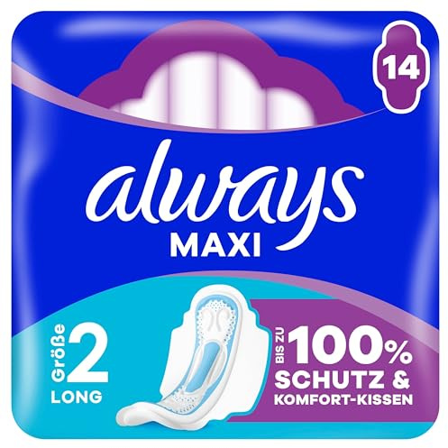 Always Maxi Long Binden (Größe 2) Flügel 14 Stück, Für Stärkere Tage, Damenbinden, Bis Zu 100 Prozent Schutz und Komfort-Kissen