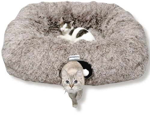 XxingSheep XL Katzentunnel mit Bett für Indoor-Katzen, Peekaboo Katzenhöhle, Donut-Spielzeug mit Warmer Matte, Gelbbraun