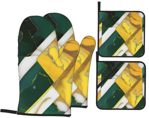 YYHWHJDE Set di 4 presine e presine con stampa in marmo giallo e verde, spessi e resistenti, anti-scottatura e termoisolanti