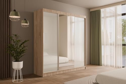 ALTDECOR Kleiderschrank mit Spiegel und Schiebetüren, Garderobenschrank mit viel Stauraum, Schwebetürenschrank, Schrank mit Lacobel-Schiebetüren V2-STILO 215x200 cm Sonoma Eiche/Weiß