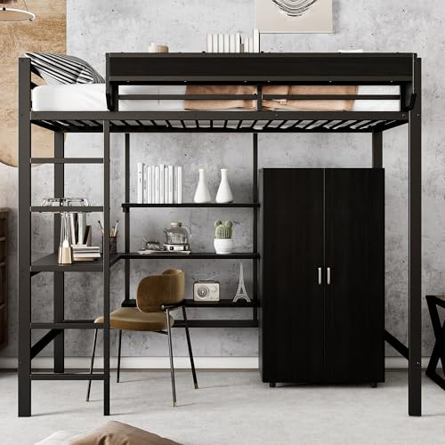 Etagenbett 90x200, Kinderbett Hochbett mit Schreibtisch, Regal und Kleiderschrank, Metallbett Funktionsbett Einzelbett Erwachsene und Jugendbett Jugendhochbett mit Lattenrost, Ohne Matratze, Schwarz
