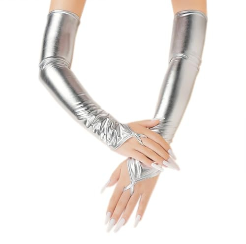 BrightGlow Damen Fingerlose Handschuhe Lange Haken Finger Handschuhe Ellenbogenlänge Hochzeitshandschuhe Vintage Opernhandschuhe Brauthandschuhe Abendhandschuhe Halloween-Cosplay Silber Einheitsgröße