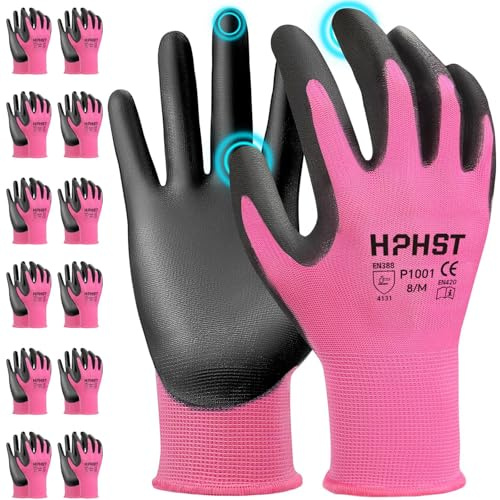 HPHST PU Besichtet Arbeitshandschuhe, 12 Paar Arbeit Handschuhe für Herren und Damen Rutschfeste Montagehandschuhe Gartenhandschuhe mit PU-Beschichtung für Bauarbeiter Mechaniker, Rosa (Small)
