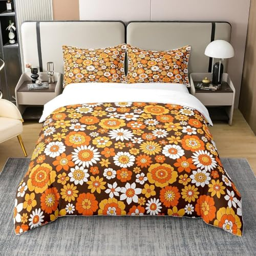 Loussiesd 60S 70S Groovy 100% Cotton Duvet Cover Retro Hippie Flower Bed Cover Vintage Boho Plant Floral Bedding Cotton Quilt Cover Botanical Blossom Brown Super King Bedding Set