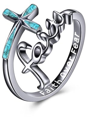 ONEFINITY Glaubens Ring Sterling Silber Türkis Glaube über Angst Kreuz Ringe Christlichen Religiösen Schmuck Geschenke Für Damen Herren Gold