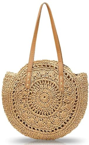 Xusxes Bolsa De Paja Redonda Beige Para Mujer(Marrón Claro)