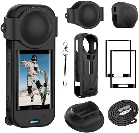 FiTSTILL - Set di protezione per Insta 360 X5, pellicola protettiva in vetro temperato e silicone, copriobiettivo e base di supporto in silicone