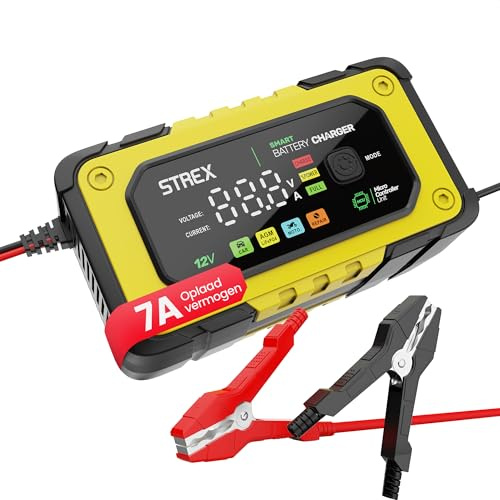 Strex 12V 7A Akku Ladegerät – Tropf- und Schnellladegerät mit LCD Display – Für Auto, Motor, Boot und AGM/Bleiakkus – Reparaturmodus