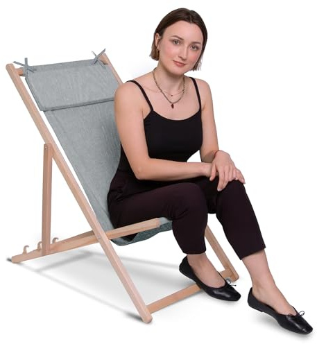 DreamRoots Liegestuhl Holz Kopfstütze Leinenoptik, Light Grey