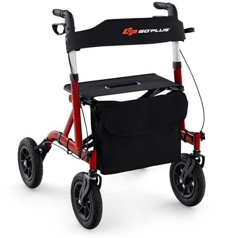 GOPLUS Déambulateur Réglable Hauteur, Déambulateur Pliable avec Siège, Roue Pneumatique Tout Terrain de 24 cm, Sac de Rangement, Capacité de Poids de 160 kg, Déambulateur Léger pour Seniors (Rouge)