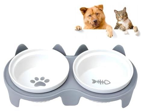 Xiuyer Ciotola per Gatti in Ceramica, Ciotola per Gatti Ciotole Ceramica Inclinazione 15° Aiuta a Ridurre la Pressione Sulle Vertebre (Grigio)