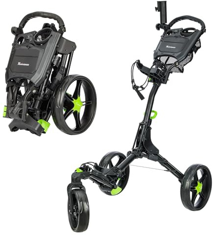 XDriveMax GC03 360 Rotating 3 Wheel Foldable Golf Pull Cart for Golf Clubs,Carries Umbrella Stand and Premium Storage - Green Pack
