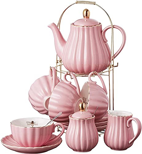 YBK Tech Service à thé en porcelaine de style européen avec 4 tasses à thé et soucoupes en forme d'abeille dorée avec support de présentation inclus, parfait pour le thé de l'après-midi et les cadeaux