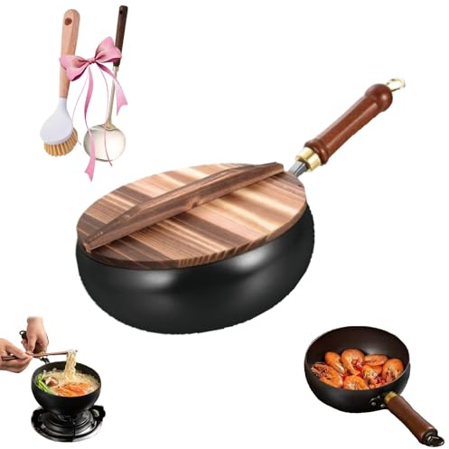 Japanese Forged Iron Pan, Uncoated Non-Stick Iron Pan with Lid, Ideal for Gas Cookers, Includes Spatula and Glass Cover, 28cm