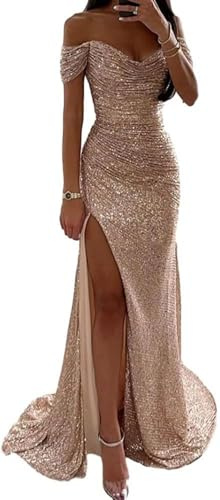 Generisch Damenkleid mit V-Ausschnitt,Pailletten Bodycon Kleid mit Pailletten, geteilt, Glitzer Kleid Lang Glitzerkleid Abendkleid, Abendkleider Elegant für Hochzeit (Gold,S)