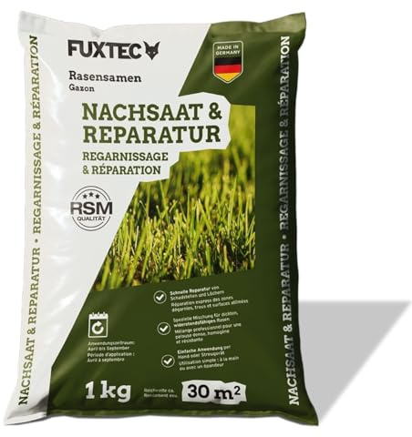FUXTEC Semences de gazon FX-RSNR1 – Sursemis et réparation 1kg pour 30m² – Made in Germany - germination rapide et pelouse dense – mélange robuste pour soleil et mi-ombre – facile à épandre