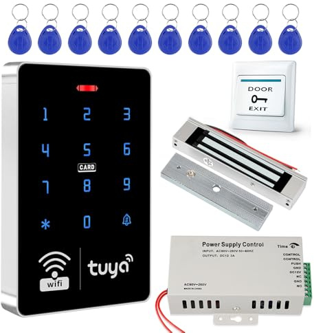 Fredorlokk Kit de contrôle d'accès WiFi Tuya Smart Dual-Band avec Clavier étanche IP68, Alimentation DC 12 V/3 A, Serrure électromagnétique 180 kg, Bouton de déverrouillage, 10 Porte-clés RFID