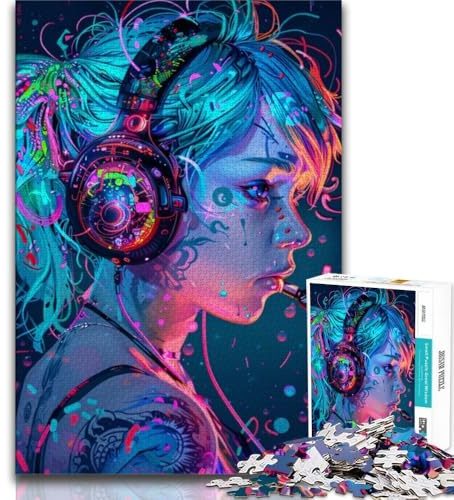 Puzzles pour Adultes : Fille avec écouteurs, 1000 pièces, Anti-Stress, pour Passer Le Temps à la Maison, avec Affiche et fiche de Questions-réponses Assorties (38x26cm)