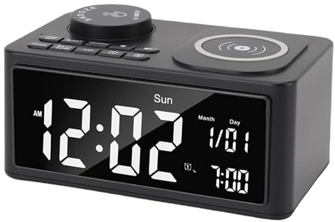 Goshyda Bluetooth-högtalare med Trådlös Laddare, FM-radio, Anpassningsbara Dubbla Larm, Trådlös Laddningsstation HiFi-högtalare Inbyggd Mikrofon, för Kontoret i Hemmet (EU)