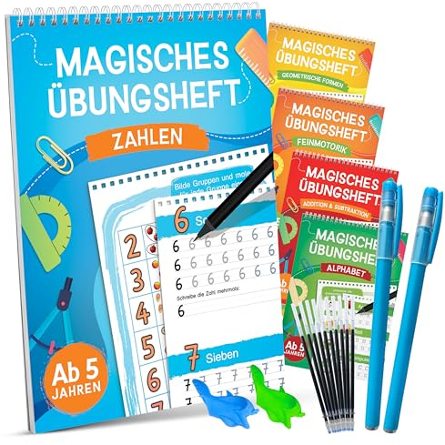 LIKARTO® Magische Übungshefte Vorschule ab 5 Jahren, 5 Hefte + Stifte | Wiederverwendbare Vorschulhefte - Buchstaben, Zahlen, Formen und Schreiben lernen - Für Rechts- & Linkshänder, 3D-Rillen