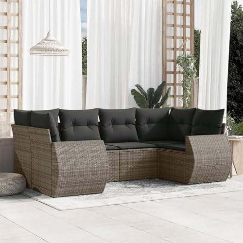 Bucmath 6-TLG. Garten-Sofagarnitur Grau aus Poly Rattan, UV-beständig, mit Kissen, modulares Outdoor Loungeset für Terrasse, Balkon und Garten