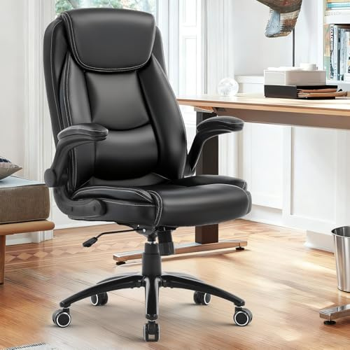 COLAMY Leather Executive Office Chair, Ergonomic Computer Chair with High Back, Spring Cushion Desk Chair for Home Office with Padded Flip-up Arm, Adjustable Tilt Lock, Black