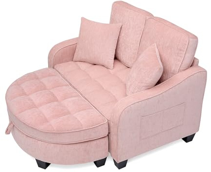 Sovsoffa med sovfunktion och justerbart ryggstöd, 2-sitsigt hopfällbart soffa med halvrund fotpall, Sidopåsar, Fotpall med förvaringsutrymme, 129×132×93 cm, HNDE202511107 (Rosa)