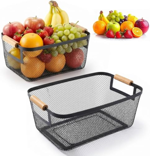 Dexpally 2 Pezzi Cestini in Filo, Cestino in Metallo, Cestini Portaoggetti con Manici in Legno per Cucina, Dispensa, Bagno, Camera Da Letto